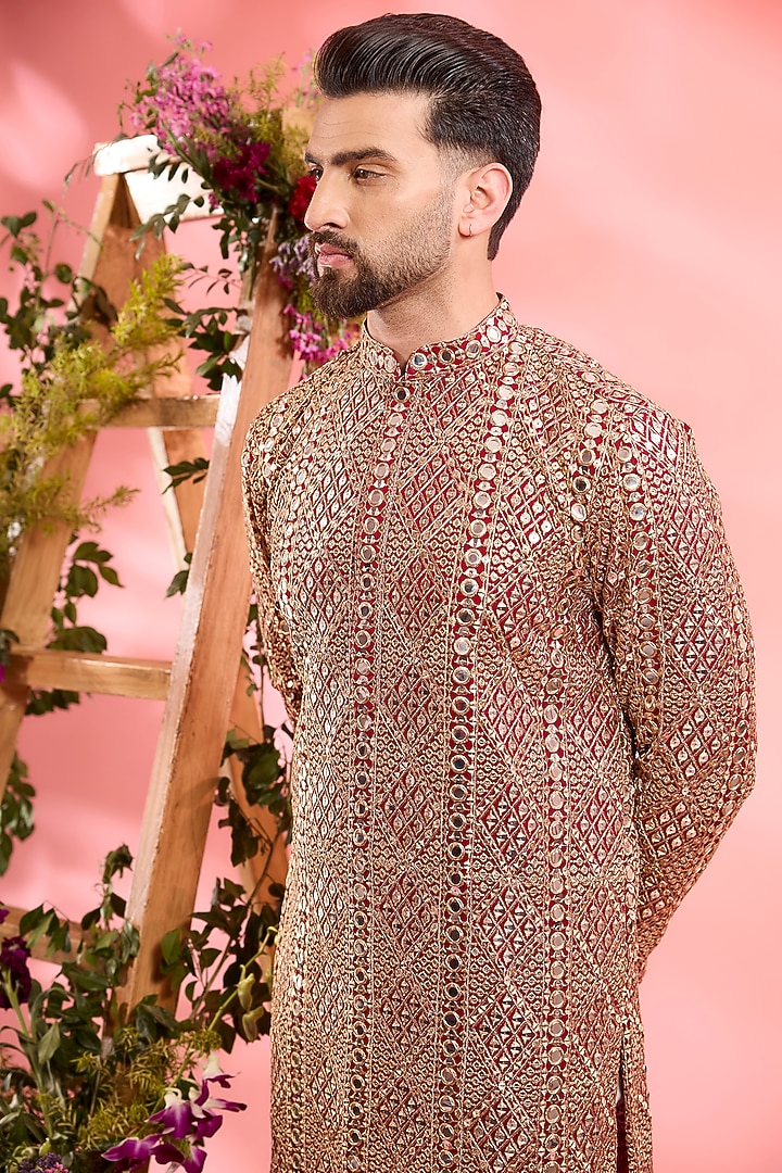 Red Georgette Mirror Work Kurta by Kasbah Clothing at Pernia's Pop Up Shop