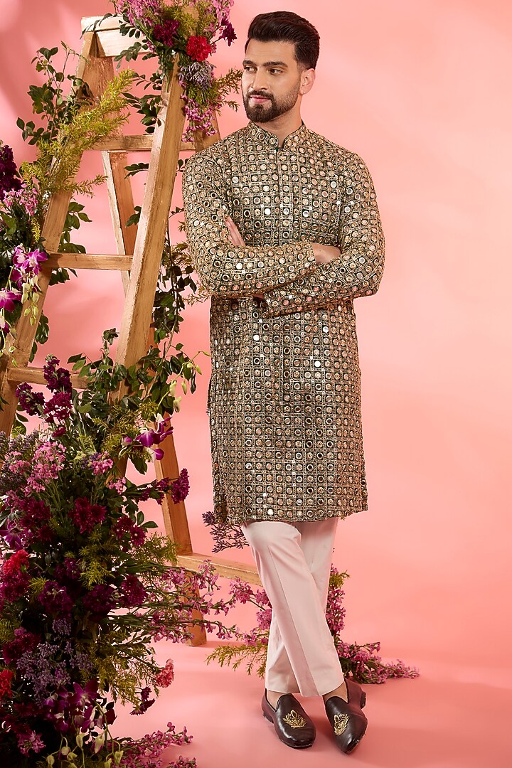 Bottle Green Georgette Mirror Work Kurta by Kasbah Clothing at Pernia's Pop Up Shop