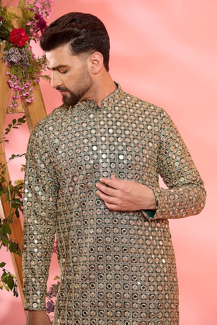 Bottle Green Georgette Mirror Work Kurta by Kasbah Clothing at Pernia's Pop Up Shop