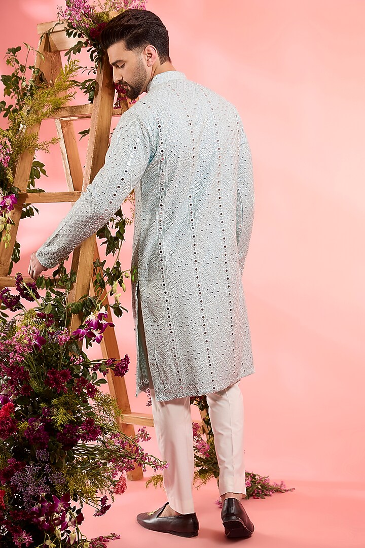 Powder Blue Silk Mirror Work Kurta by Kasbah Clothing at Pernia's Pop Up Shop