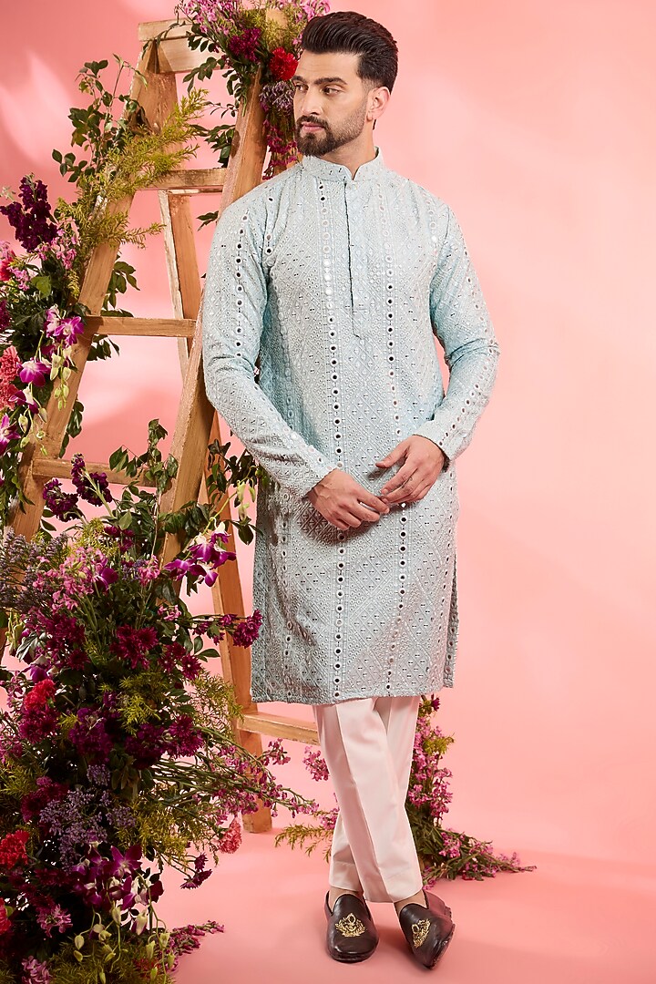 Powder Blue Silk Mirror Work Kurta by Kasbah Clothing at Pernia's Pop Up Shop