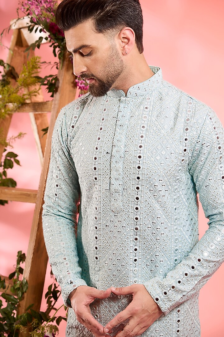 Powder Blue Silk Mirror Work Kurta by Kasbah Clothing at Pernia's Pop Up Shop