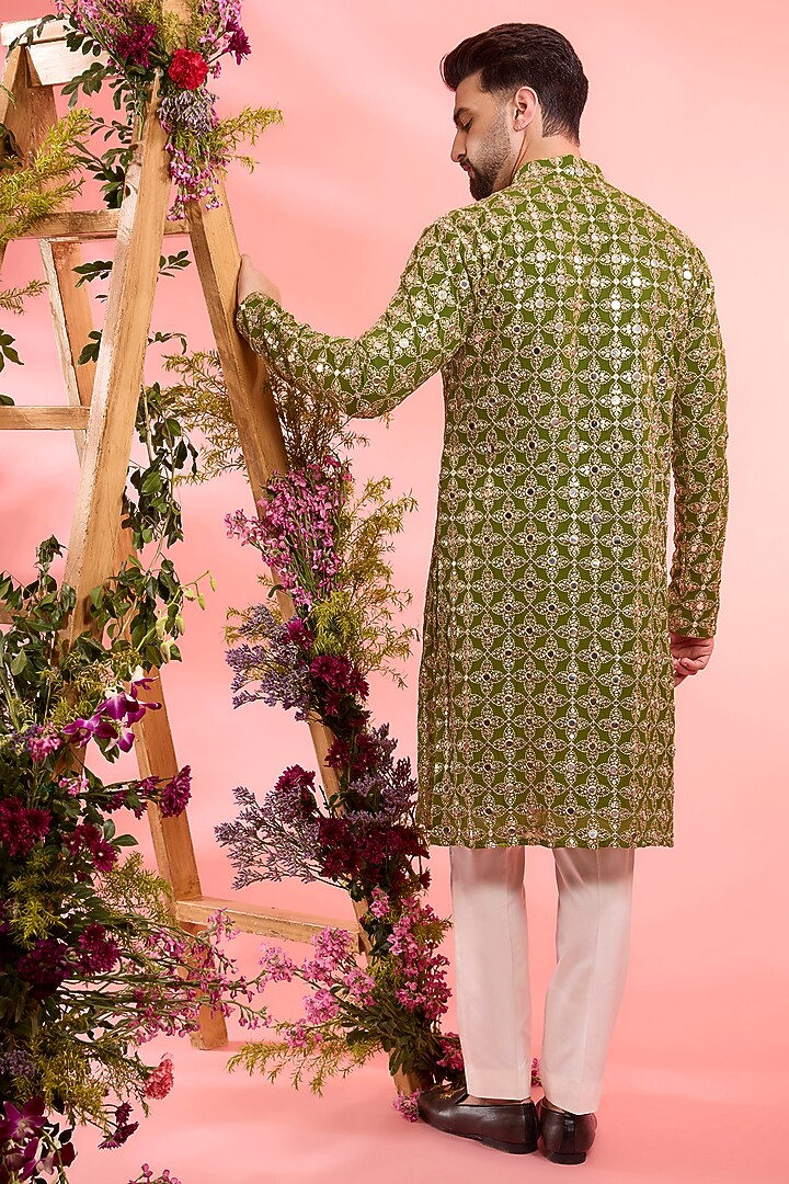 Lime Mehendi Green Georgette Mirror Work Kurta by Kasbah Clothing at Pernia's Pop Up Shop