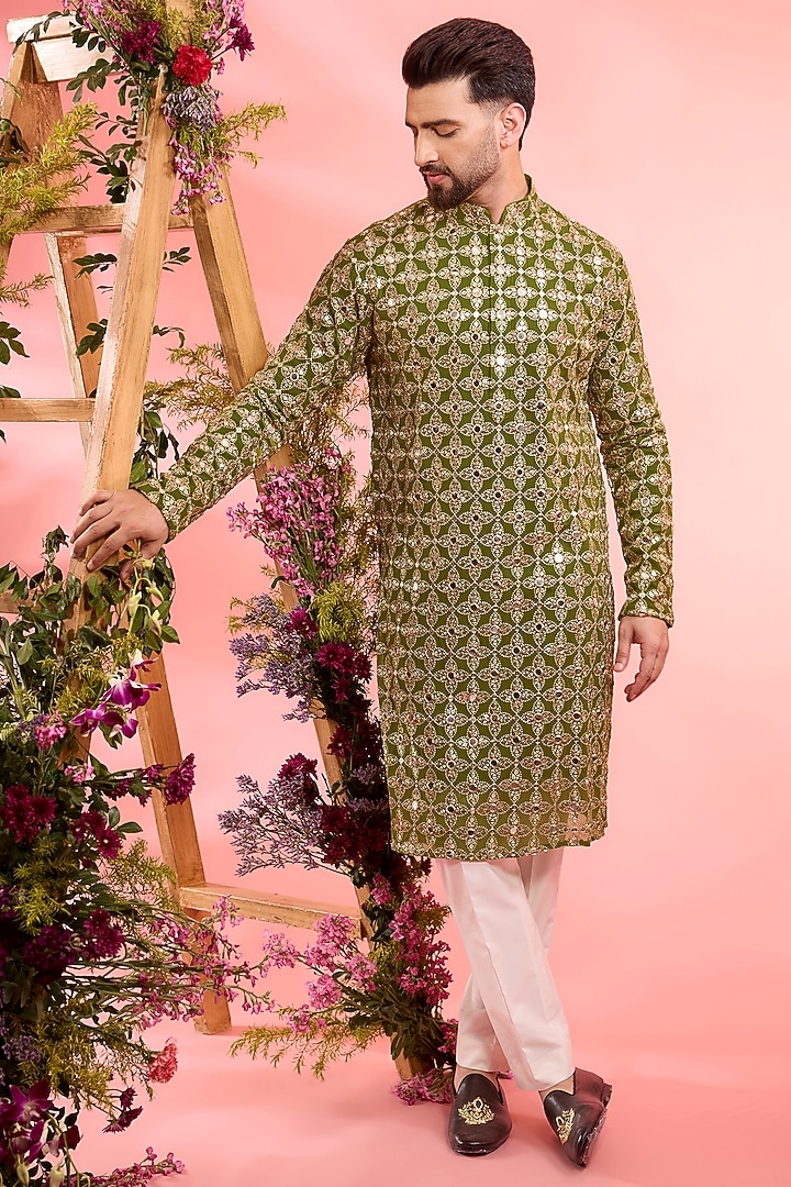 Lime Mehendi Green Georgette Mirror Work Kurta by Kasbah Clothing at Pernia's Pop Up Shop