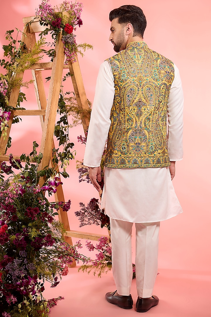 Yellow Georgette Kashmiri Embroidered Nehru Jacket by Kasbah Clothing at Pernia's Pop Up Shop