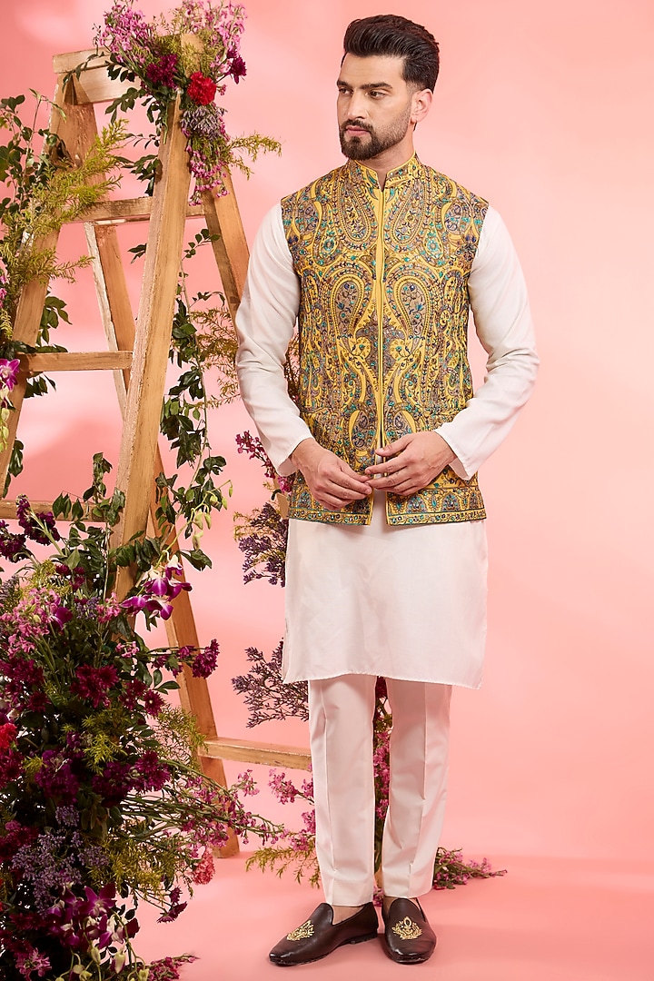Yellow Georgette Kashmiri Embroidered Nehru Jacket by Kasbah Clothing at Pernia's Pop Up Shop