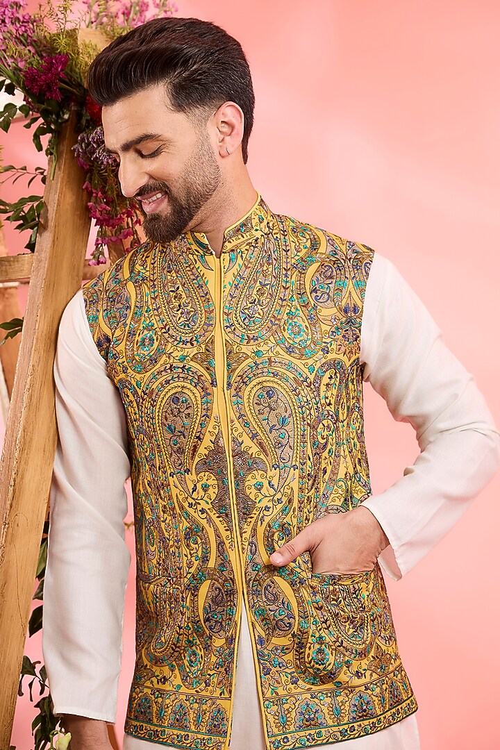Yellow Georgette Kashmiri Embroidered Nehru Jacket by Kasbah Clothing at Pernia's Pop Up Shop