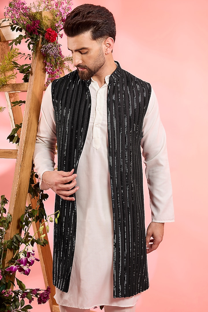 Black Silk Cutdana Embroidered Wedding Indowestern by Kasbah Clothing at Pernia's Pop Up Shop