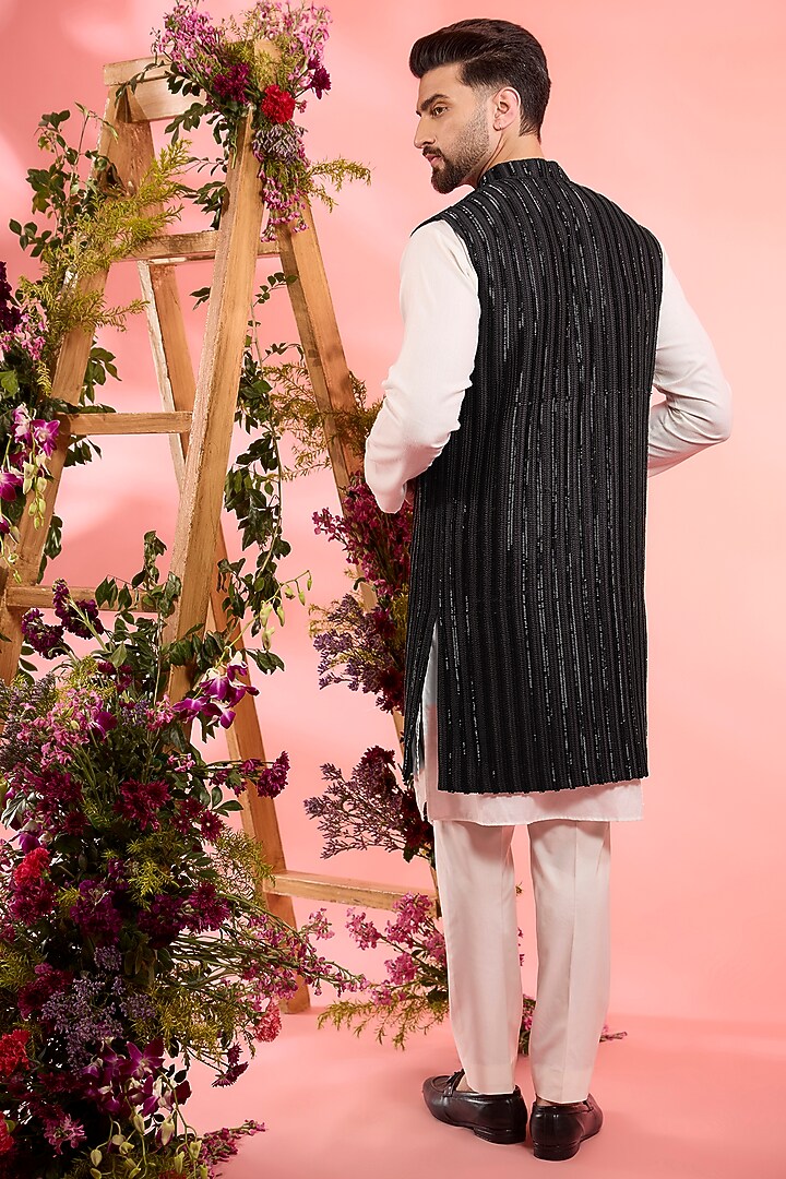 Black Silk Cutdana Embroidered Wedding Indowestern by Kasbah Clothing at Pernia's Pop Up Shop