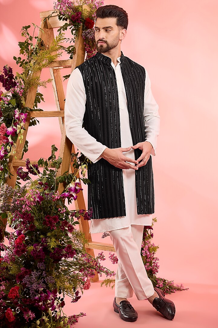 Black Silk Cutdana Embroidered Wedding Indowestern by Kasbah Clothing at Pernia's Pop Up Shop
