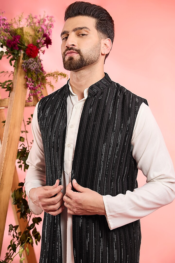 Black Silk Cutdana Embroidered Wedding Indowestern by Kasbah Clothing at Pernia's Pop Up Shop
