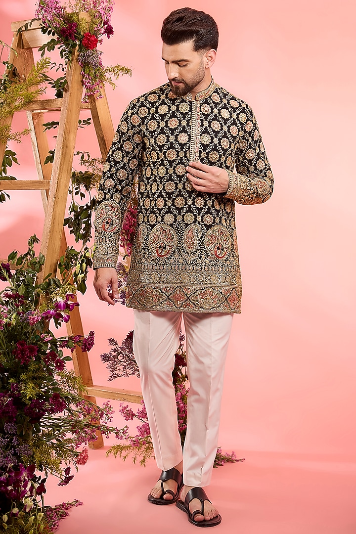 Black Georgette Zari Work Short Kurta by Kasbah Clothing at Pernia's Pop Up Shop
