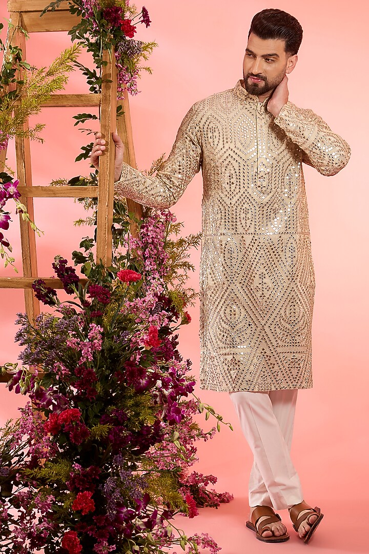Dust Gold Tissue Mirror Work Kurta by Kasbah Clothing at Pernia's Pop Up Shop