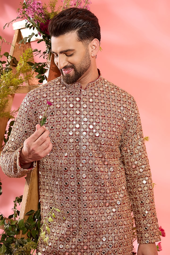Red Georgette Mirror Work Kurta by Kasbah Clothing at Pernia's Pop Up Shop