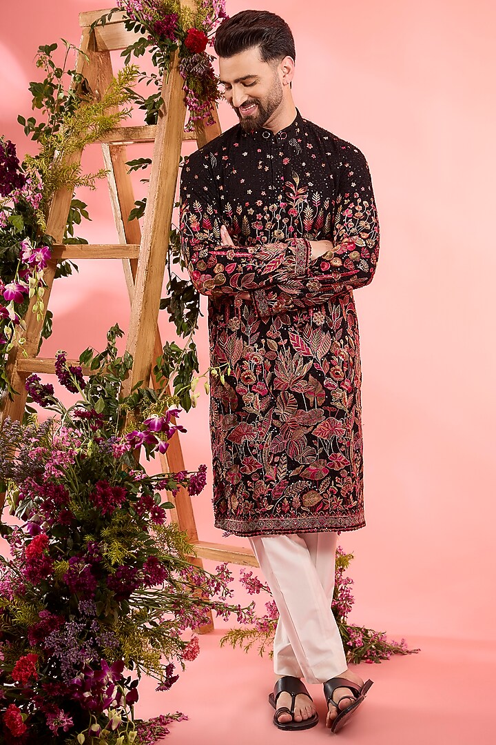 Black Sequined Georgette Floral Embroidered Kurta by Kasbah Clothing at Pernia's Pop Up Shop