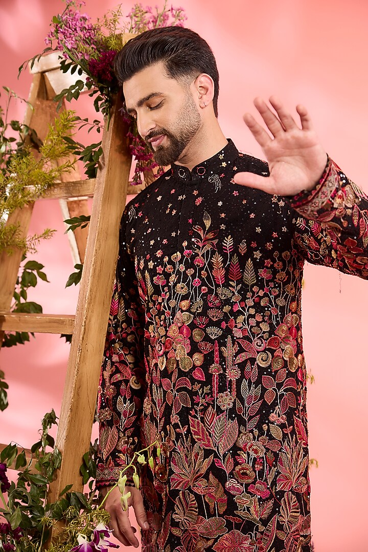Black Sequined Georgette Floral Embroidered Kurta by Kasbah Clothing at Pernia's Pop Up Shop