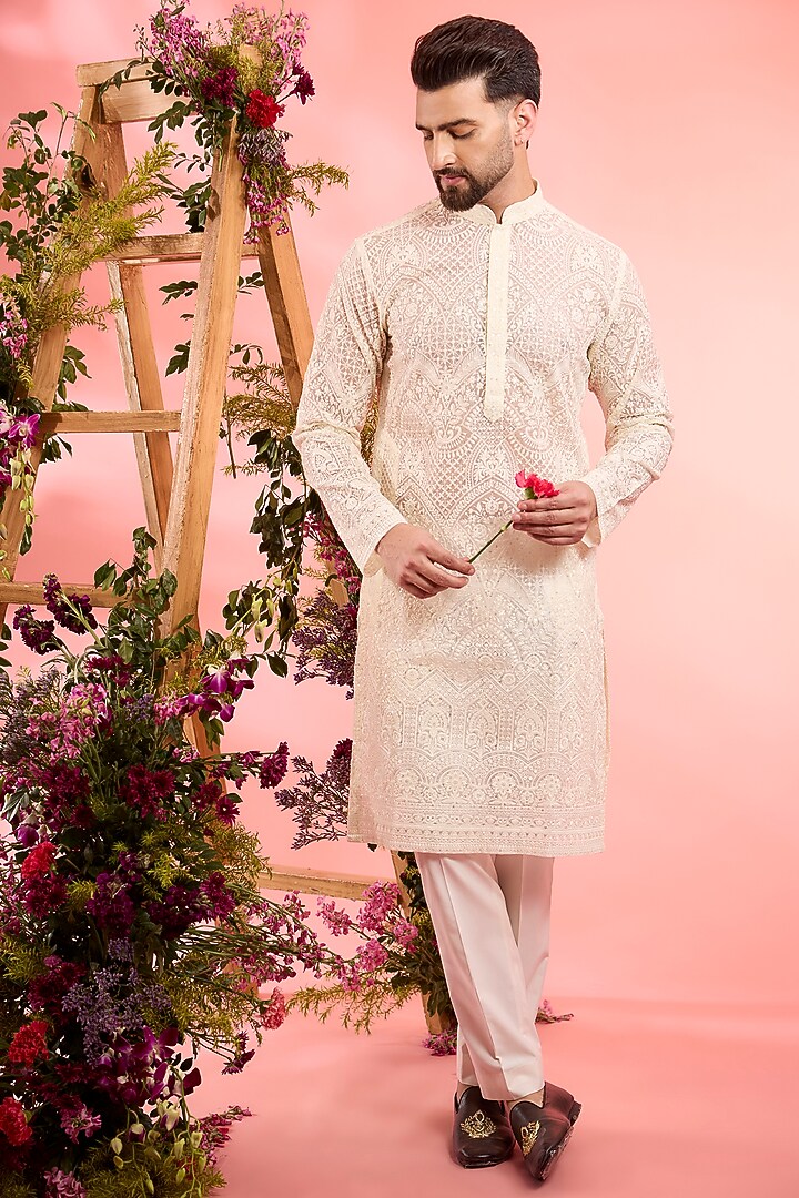 Ivory Organza Chikankari Kurta by Kasbah Clothing at Pernia's Pop Up Shop