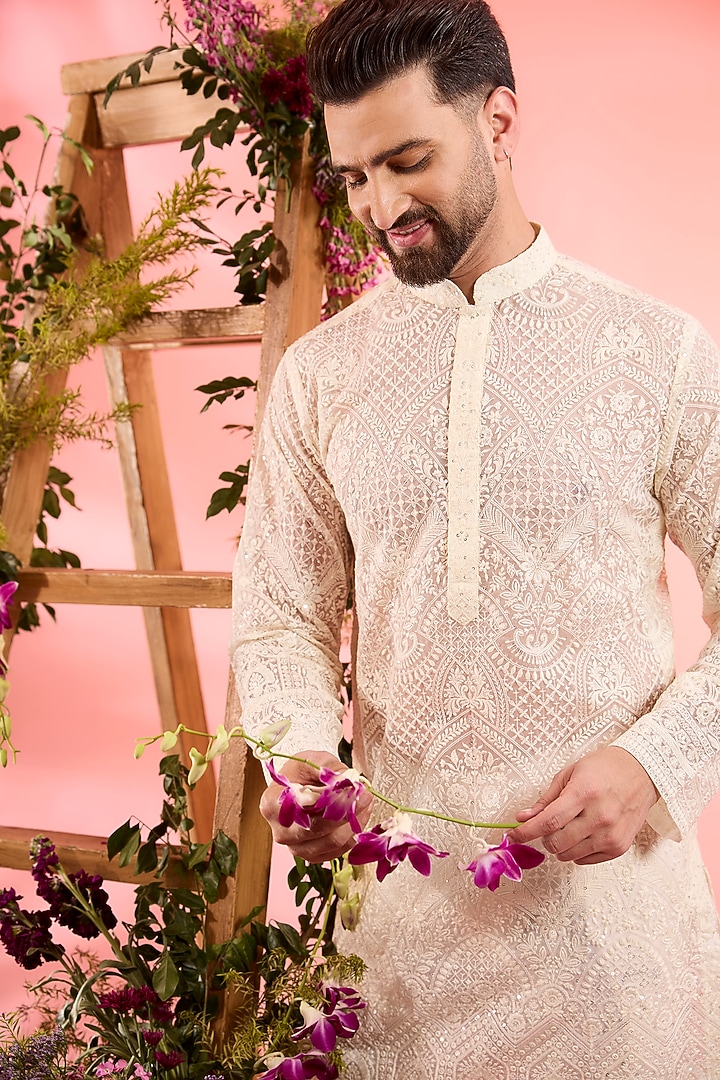 Ivory Organza Chikankari Kurta by Kasbah Clothing at Pernia's Pop Up Shop