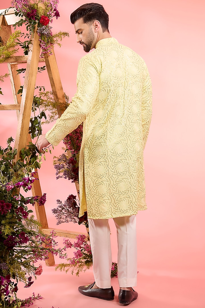 Yellow Silk Geometrical Embroidered Kurta by Kasbah Clothing at Pernia's Pop Up Shop