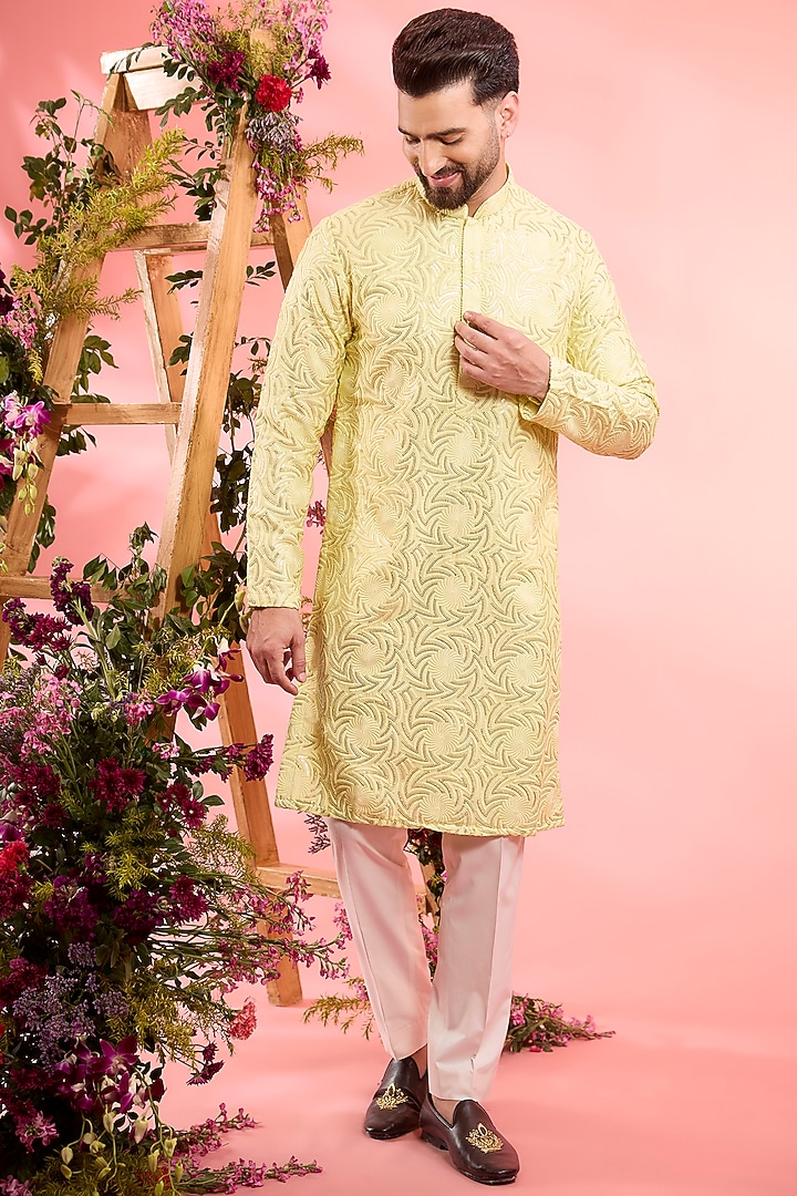 Yellow Silk Geometrical Embroidered Kurta by Kasbah Clothing at Pernia's Pop Up Shop