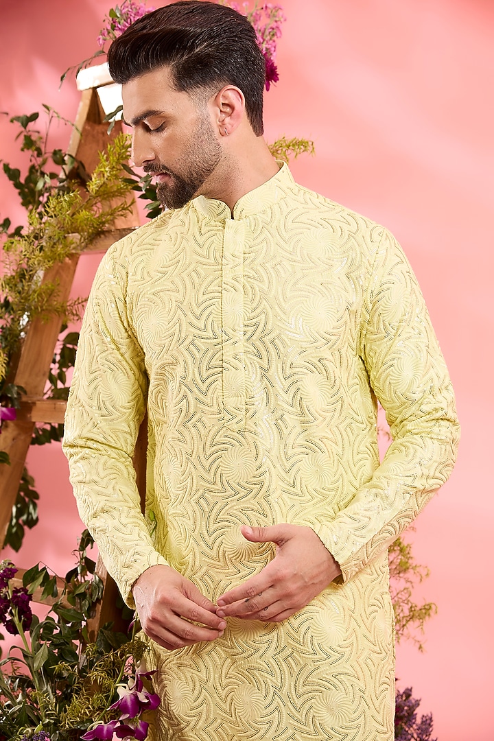 Yellow Silk Geometrical Embroidered Kurta by Kasbah Clothing at Pernia's Pop Up Shop