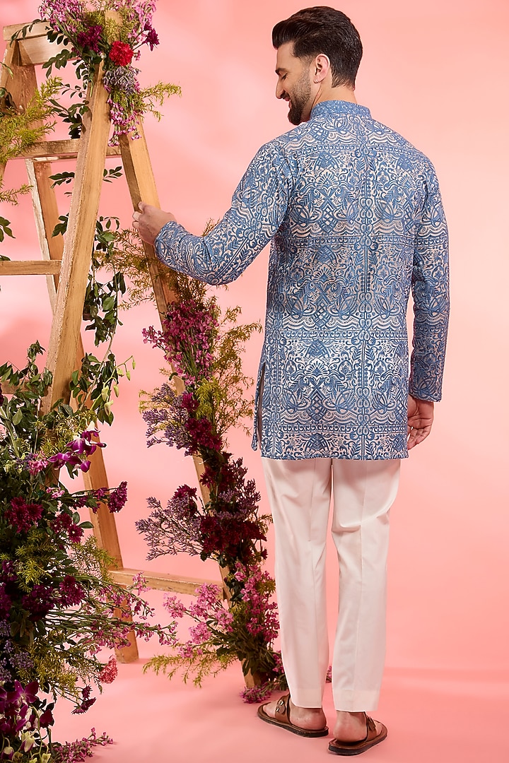 Blue Sheer Organza Thread Embroidered Short Kurta by Kasbah Clothing at Pernia's Pop Up Shop