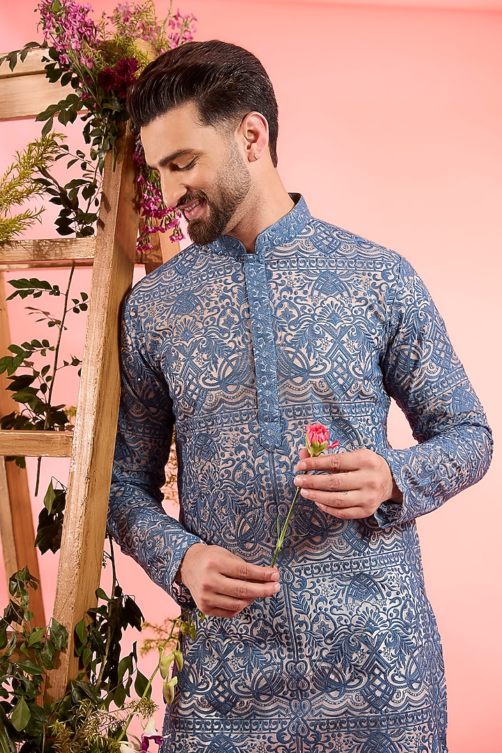 Blue Sheer Organza Thread Embroidered Short Kurta by Kasbah Clothing at Pernia's Pop Up Shop