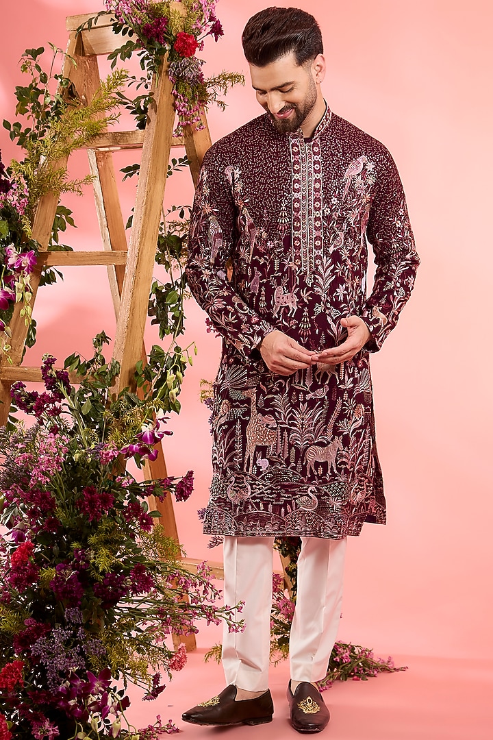 Wine Georgette Flora & Fauna Embroidered Kurta by Kasbah Clothing at Pernia's Pop Up Shop