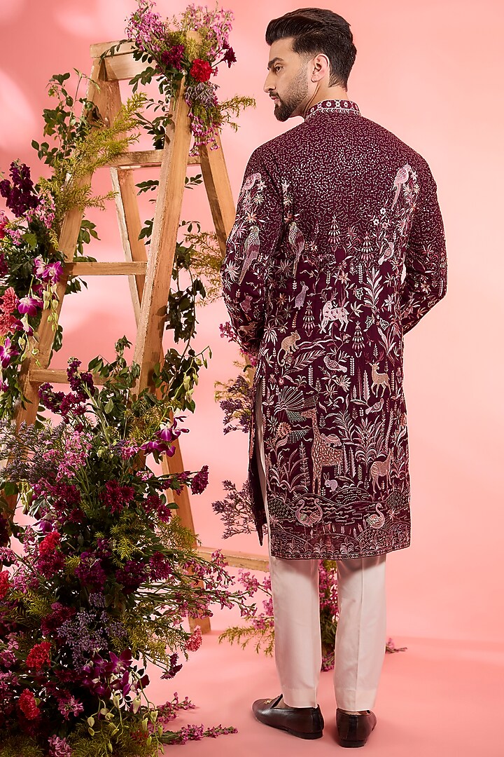 Wine Georgette Flora & Fauna Embroidered Kurta by Kasbah Clothing at Pernia's Pop Up Shop