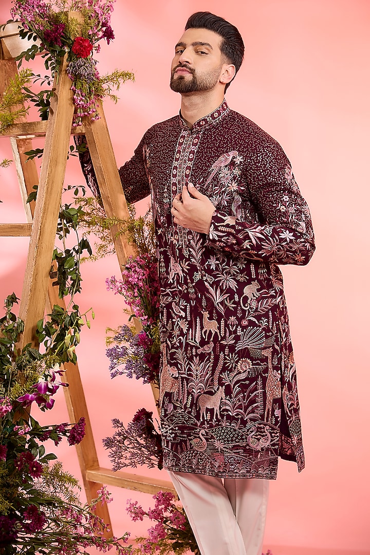 Wine Georgette Flora & Fauna Embroidered Kurta by Kasbah Clothing at Pernia's Pop Up Shop