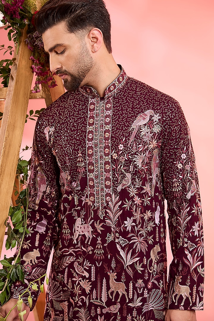 Wine Georgette Flora & Fauna Embroidered Kurta by Kasbah Clothing at Pernia's Pop Up Shop