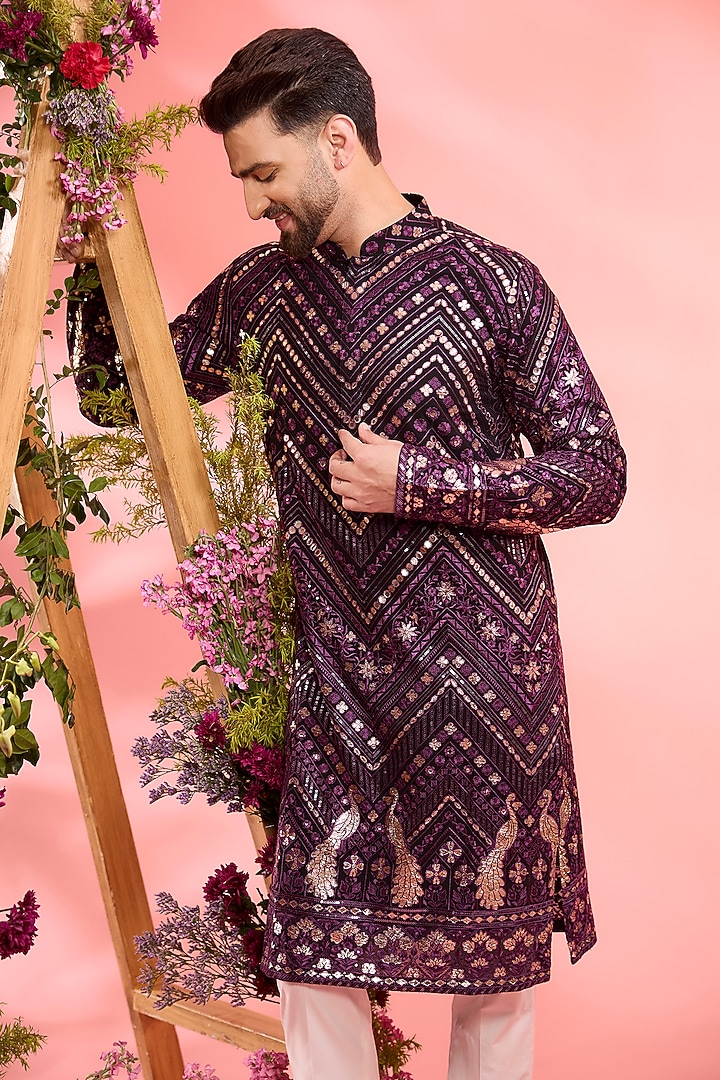 Purple Georgette Leather Patchwork Kurta by Kasbah Clothing at Pernia's Pop Up Shop