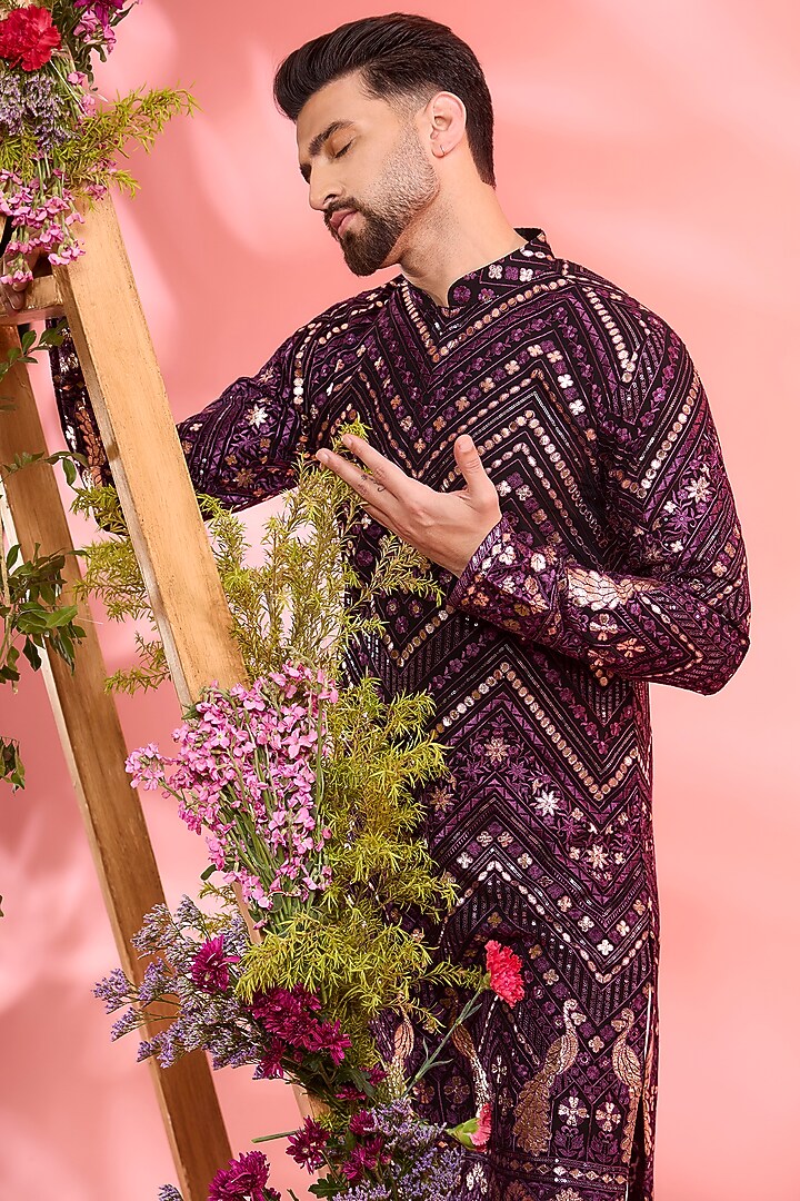 Purple Georgette Leather Patchwork Kurta by Kasbah Clothing at Pernia's Pop Up Shop