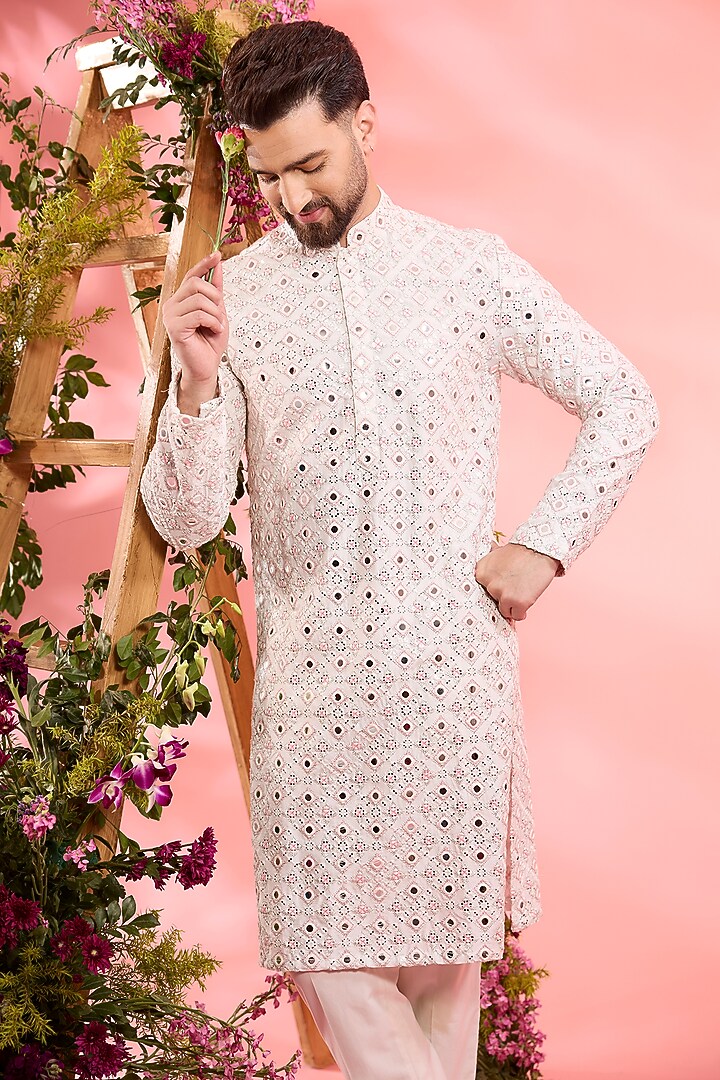 Ivory Silk Mirror Work Kurta by Kasbah Clothing at Pernia's Pop Up Shop