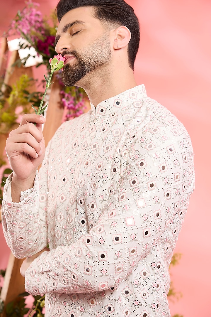 Ivory Silk Mirror Work Kurta by Kasbah Clothing at Pernia's Pop Up Shop