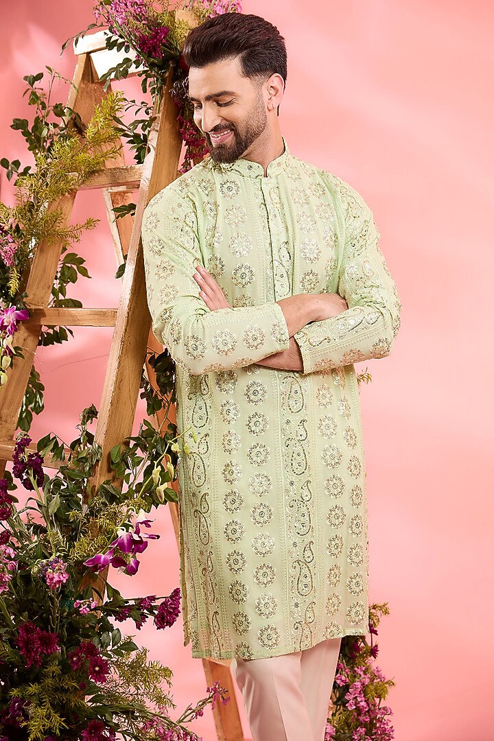 Green Georgette Embroidered Chikankari Kurta by Kasbah Clothing at Pernia's Pop Up Shop