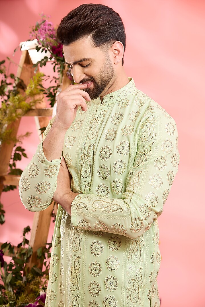 Green Georgette Embroidered Chikankari Kurta by Kasbah Clothing at Pernia's Pop Up Shop