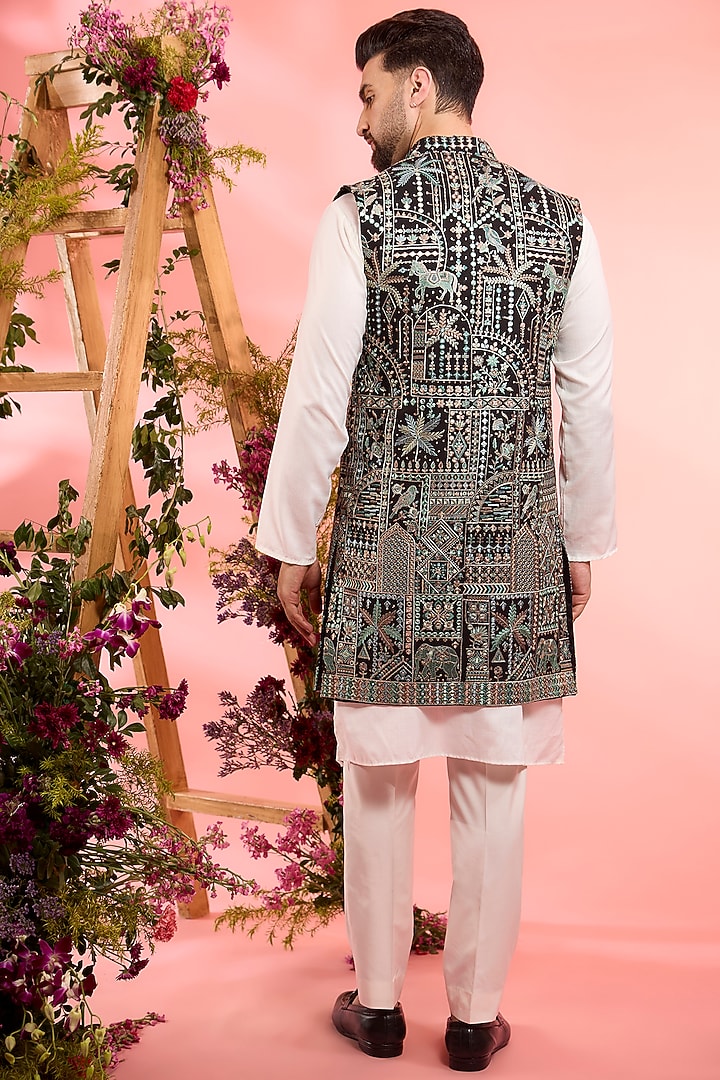 Black Georgette Mirror Work Open Indowestern by Kasbah Clothing at Pernia's Pop Up Shop