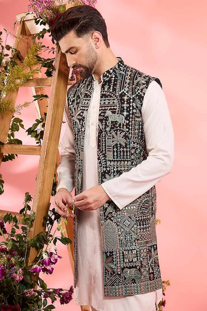 Black Georgette Mirror Work Open Indowestern by Kasbah Clothing at Pernia's Pop Up Shop