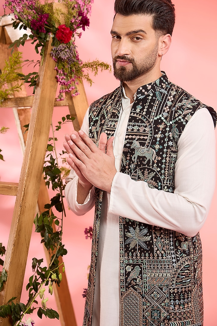 Black Georgette Mirror Work Open Indowestern by Kasbah Clothing at Pernia's Pop Up Shop