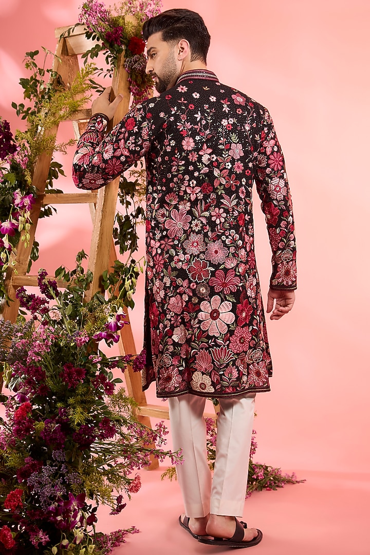 Black Georgette Floral Embroidered Kurta by Kasbah Clothing at Pernia's Pop Up Shop
