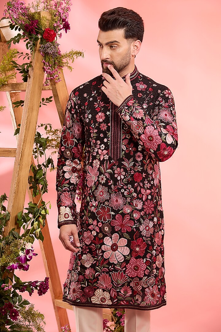 Black Georgette Floral Embroidered Kurta by Kasbah Clothing at Pernia's Pop Up Shop