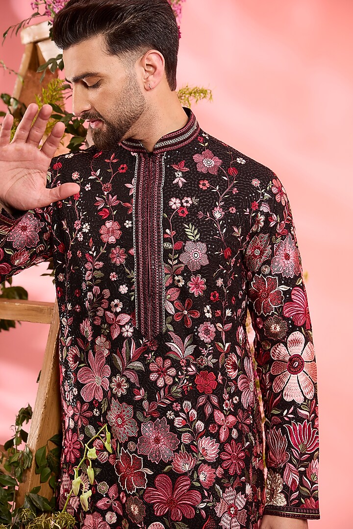 Black Georgette Floral Embroidered Kurta by Kasbah Clothing at Pernia's Pop Up Shop