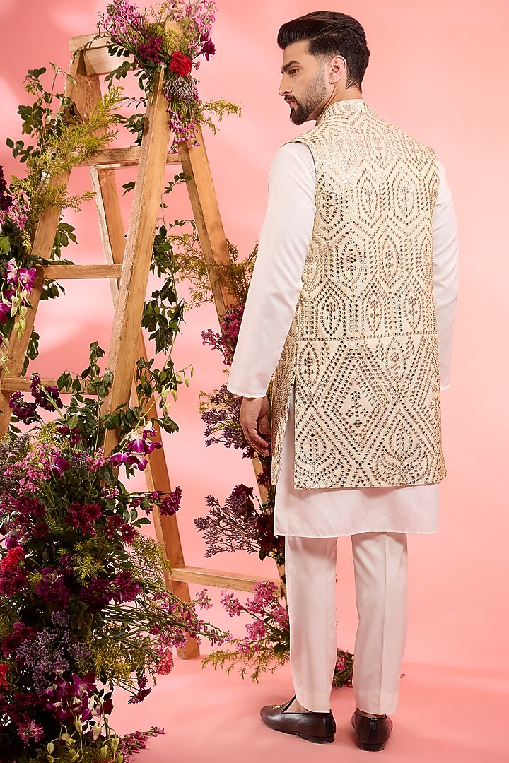 Dust Gold Tissue Mirror Work Open Indowestern Jacket by Kasbah Clothing at Pernia's Pop Up Shop