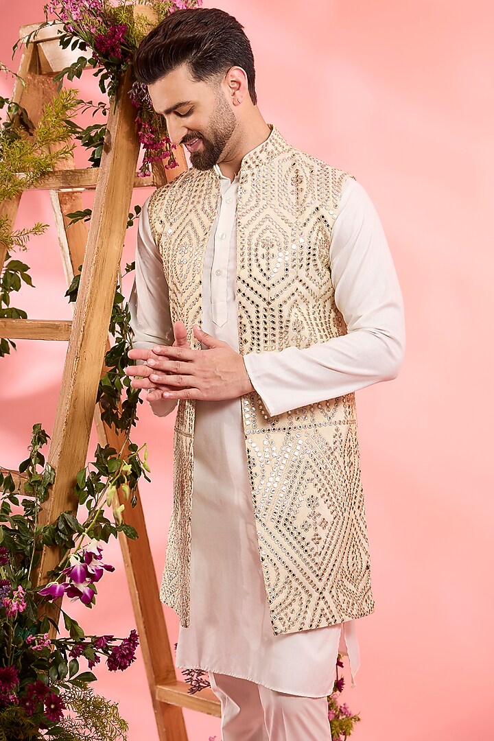 Dust Gold Tissue Mirror Work Open Indowestern Jacket by Kasbah Clothing at Pernia's Pop Up Shop