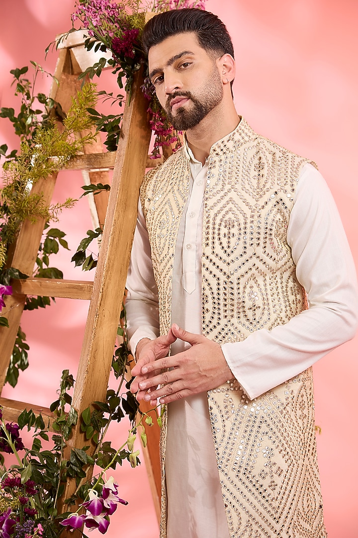 Dust Gold Tissue Mirror Work Open Indowestern Jacket by Kasbah Clothing at Pernia's Pop Up Shop
