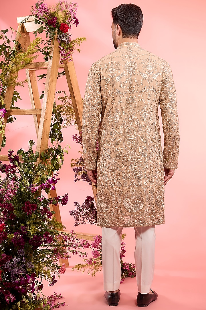 Peach Georgette Flora & Fauna Embroidered Chikankari Kurta by Kasbah Clothing at Pernia's Pop Up Shop