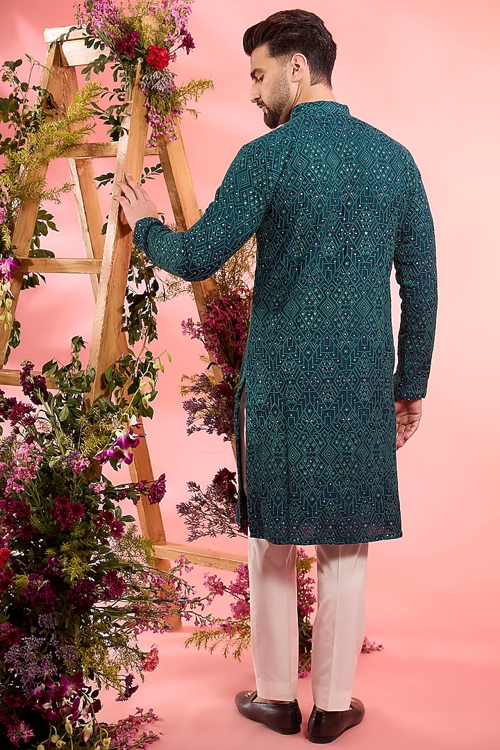Teal Silk Embroidered Chikankari Kurta by Kasbah Clothing at Pernia's Pop Up Shop