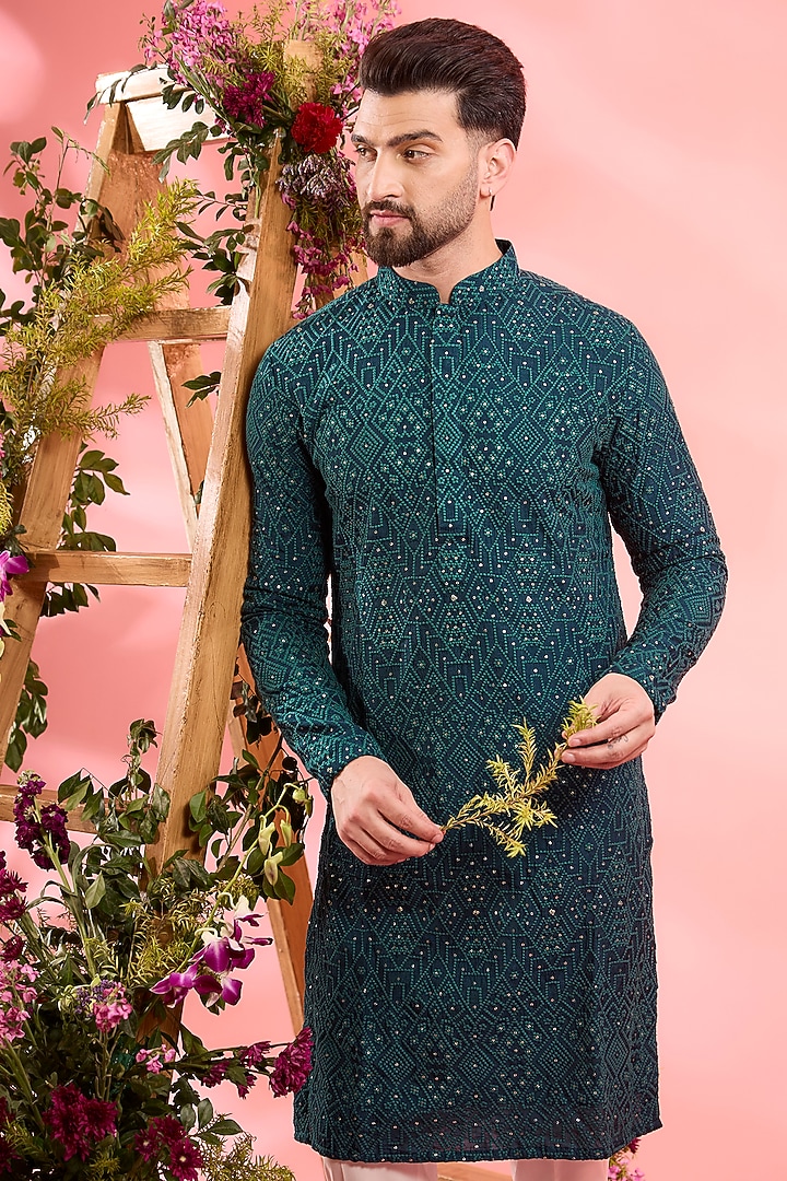 Teal Silk Embroidered Chikankari Kurta by Kasbah Clothing at Pernia's Pop Up Shop