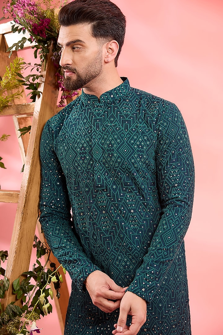 Teal Silk Embroidered Chikankari Kurta by Kasbah Clothing at Pernia's Pop Up Shop